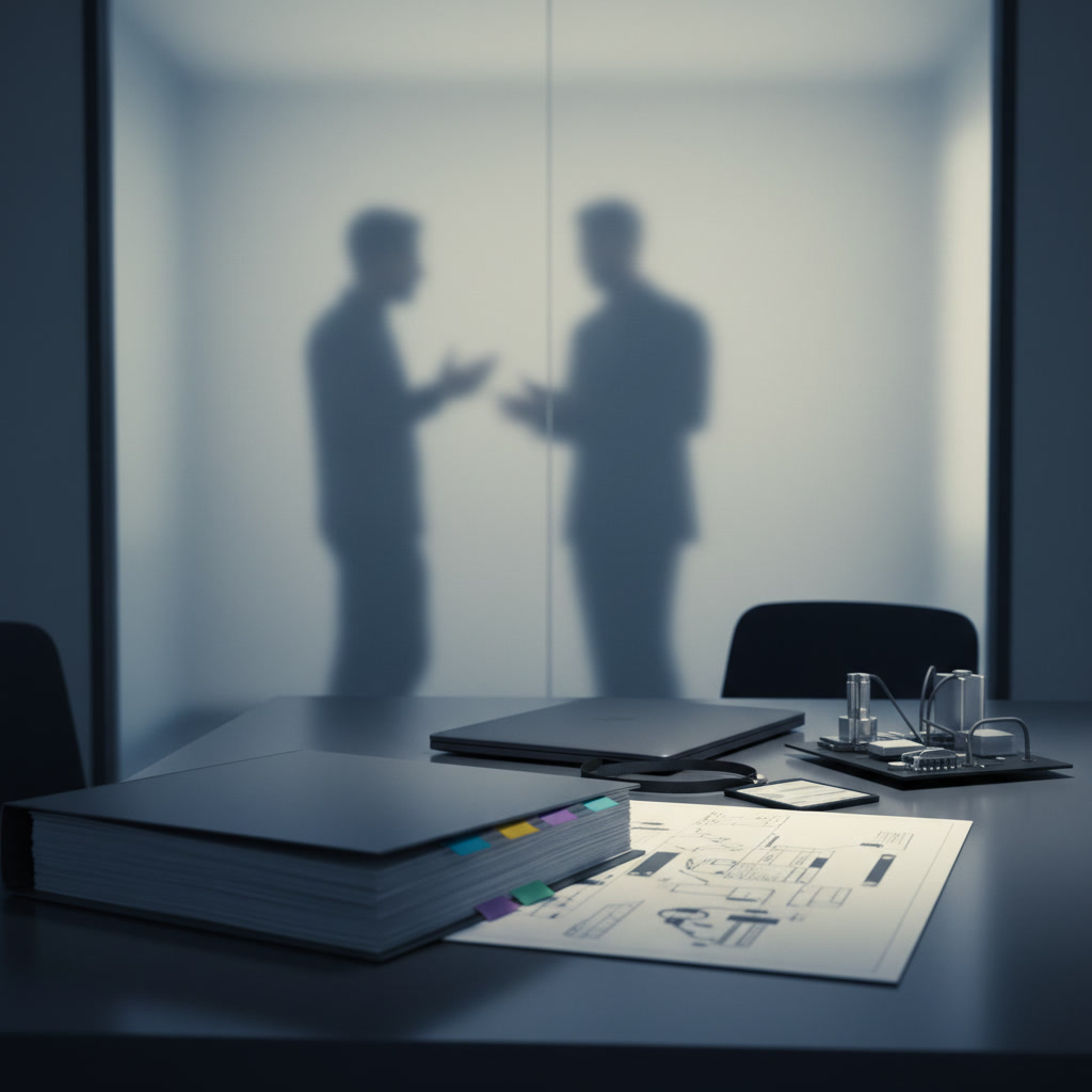 A confidential technical discussion implied through documents and a private meeting room.