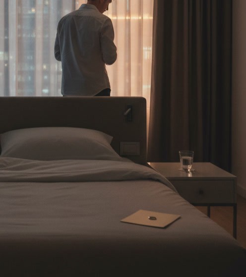 A private hotel-room moment shaped by trust and distance.